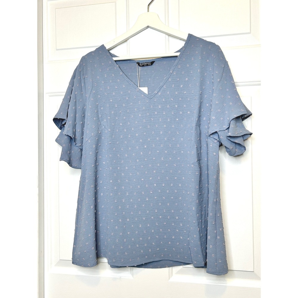 BloomChic NWT Blouse Swiss Dot‎ Tiered Ruffle Sleeves 12 Large Blue